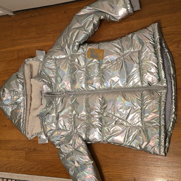 THEREABOUTS GIRLS SILVER "SHIMMER" PUFFER HOODED WINTER COAT SIZE XL 18.5 PLUS - Picture 16 of 16